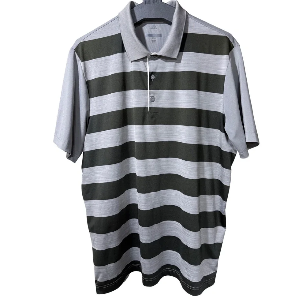 Adidas Golf Polo Shirt Men Large Grey Black Striped Short Sleeve Performance